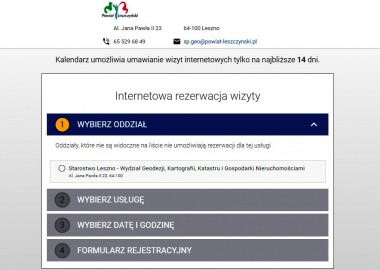Strona internetowa umożliwiająca umówienie wizyty w Starostwie Powiatowym w Lesznie